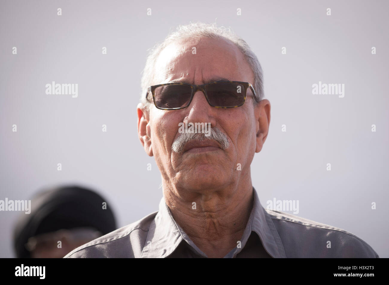 El nuevo presidente de la Republica Arabe Saharaui DemocrÃ¡tica y lÃder del Frente Polisario Brahim Gali en el Inauguration parade Fisahara 2016 and the day of the Saharawi Republic. Stock Photo