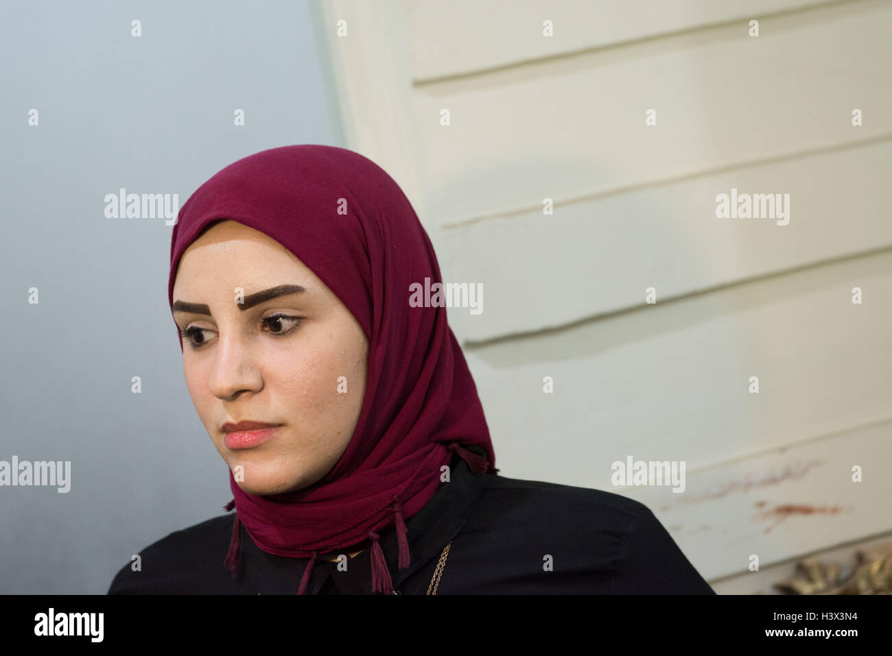 Assiut, Egypt. 10th Oct, 2016. Rania Saad, a competitor of the first 'Miss Upper Egypt' final competition, receives an interview with Xinhua in Assiut city, Egypt, Oct. 10, 2016. The first 'Miss Upper Egypt' final competition scheduled to be held in Assiut province on Monday was canceled as some of the participants in the competition received phone call threats from conservative fanatics. © Meng Tao/Xinhua/Alamy Live News Stock Photo