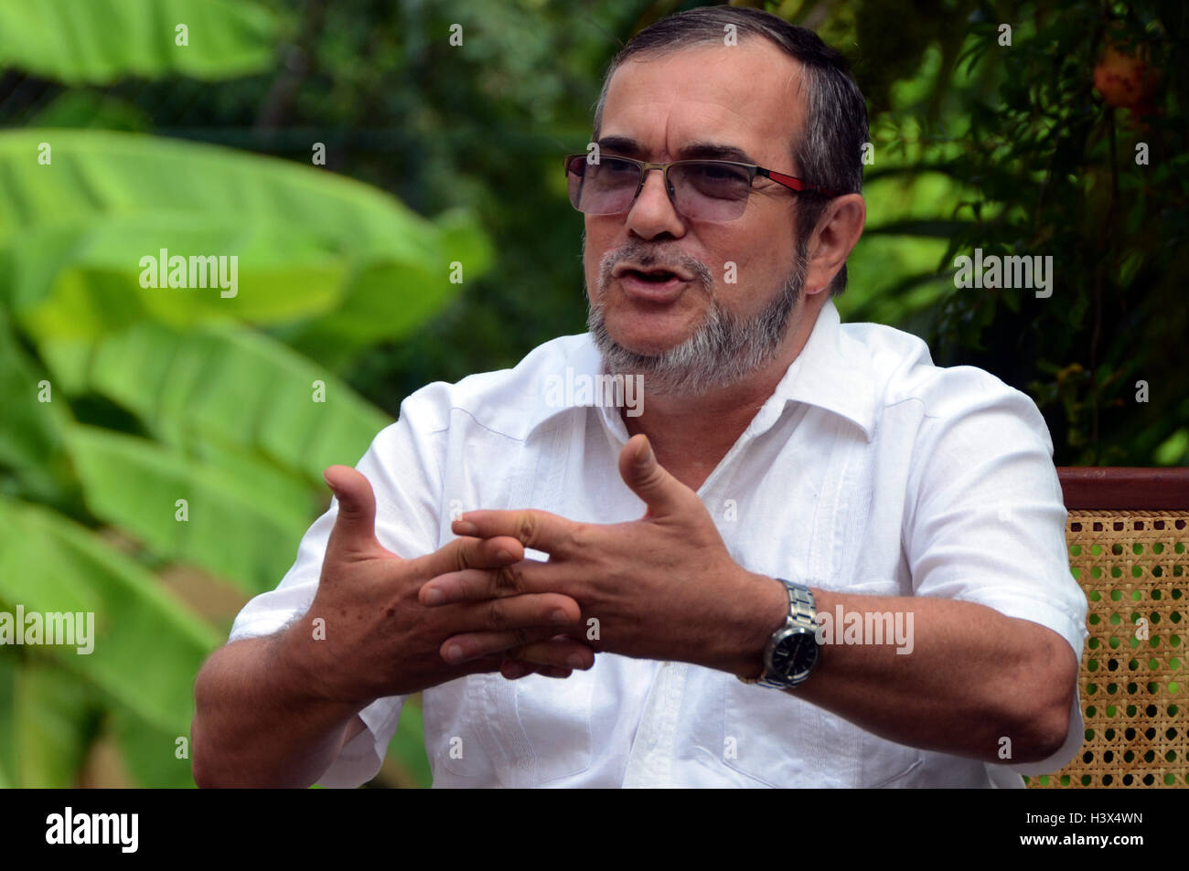 Havana, Cuba. 11th Oct, 2016. Top leader of the Revolutionary Armed Forces of Colombia (FARC) Rodrigo Londono, also known as Timoleon Jimenez, speaks during an exclusive interview with Xinhua in Havana, Cuba, Oct. 11, 2016. FARC is willing to talk with different political sectors to enrich the peace agreement which he and Colombian President Juan Manuel Santos have signed, Rodrigo Londono said, refusing to renegotiate the agreement. © Joaquin Hernandez/Xinhua/Alamy Live News Stock Photo
