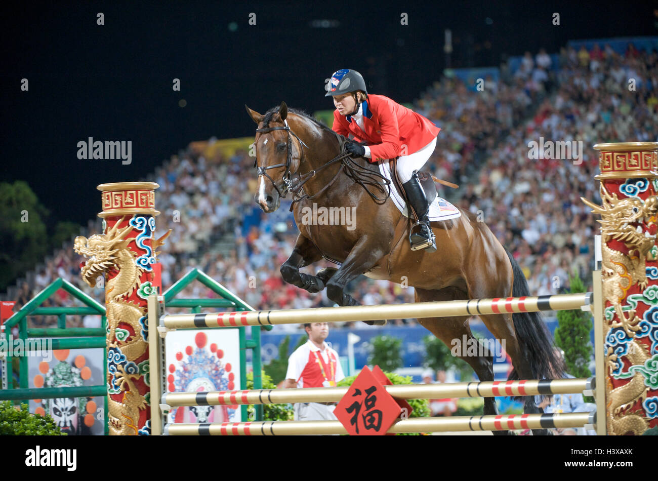 Olympic Games 2008, Hong Kong (Beijing Games) August 2008, Beezie Madden (USA) riding Authentic, team jumping final Stock Photo
