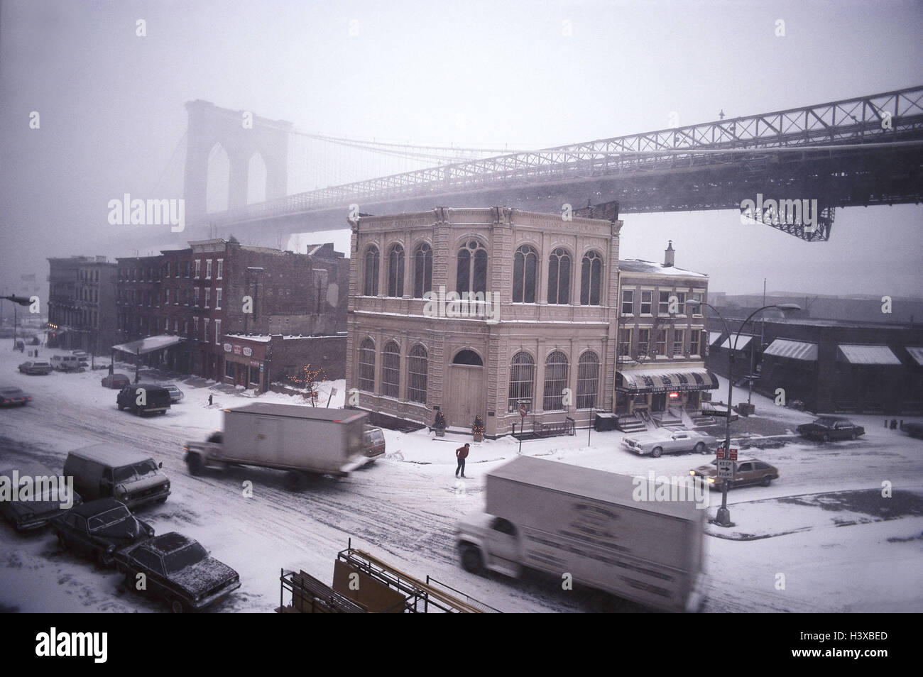 The USA, New York city, Manhattan, town view, Brooklyn Bridge, detail, winter America, NY, the United States, East River, Brooklyn bridge, bridge, structure, construction, traffic route, landmark, place of interest, season, wintry, Blizzard, in 1983 Stock Photo