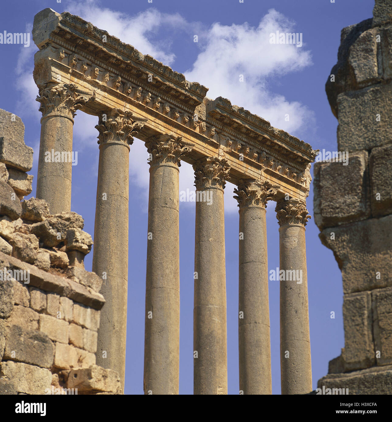 Lebanon, Baalbek, ruin site, Jupiter temple, pillars, the Middle East, front East, the Near East, Balbek, temple area, ruins, 1 - 3 cent., ruin town, ruin, remains, colonnades, defensive wall, relief, lion's head, art, culture, place of interest, UNESCO-world cultural heritage, Stock Photo