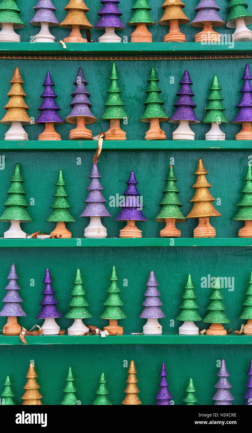 Colourful handmade Wooden painted christmas trees Stock Photo