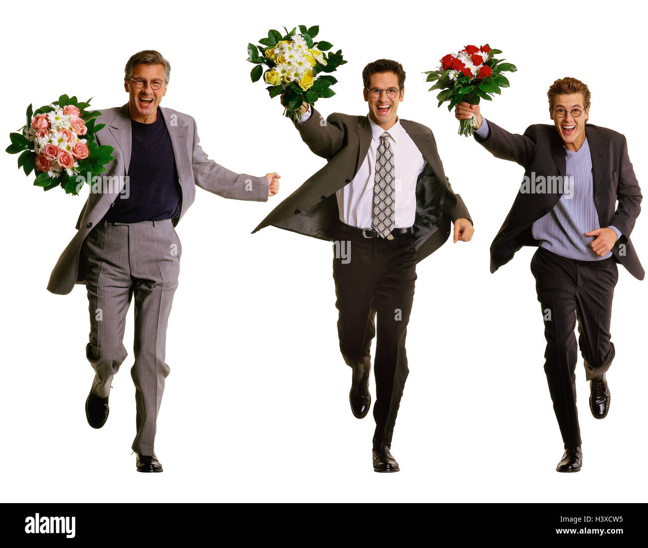 Men, three, suit, bouquets, happy, gesture, wave, motion, there run Men, man, flowers, present, surprise, laugh, joy, enthusiasm, haste, date, engagement, studio, cut out, Stock Photo