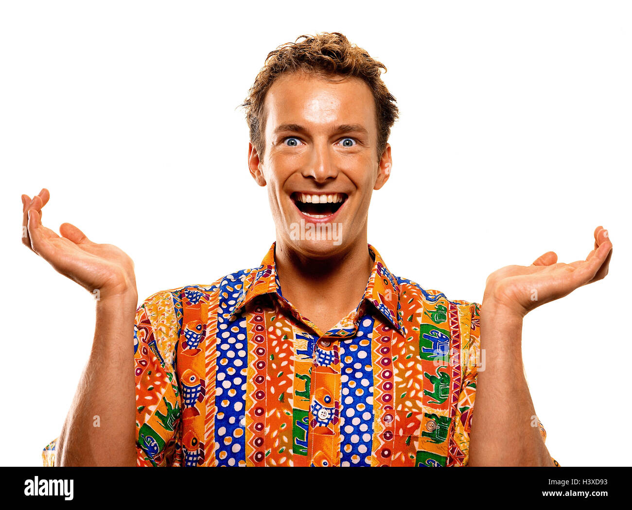 Man, laugh young, shirt, brightly, gesture, joy, enthusiasm, portrait, Men, studio, cut out, gesture, innocently, ignorantly, unsuspectingly, cluelessness, pleases, enthusiastically, calmly, happy, joy Stock Photo