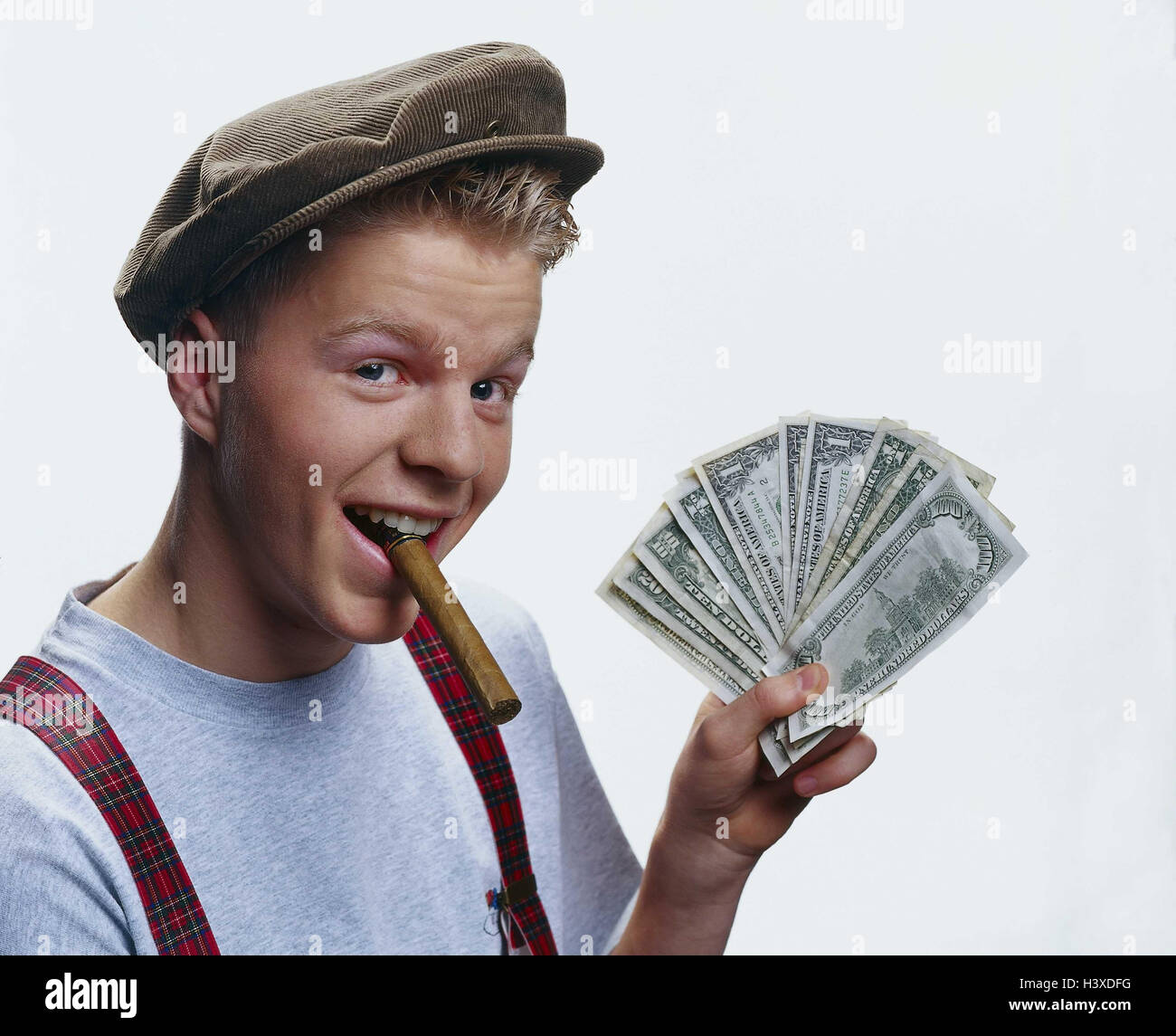 Teenager's boy, sign cap, bank notes, cigar, facial play, portrait