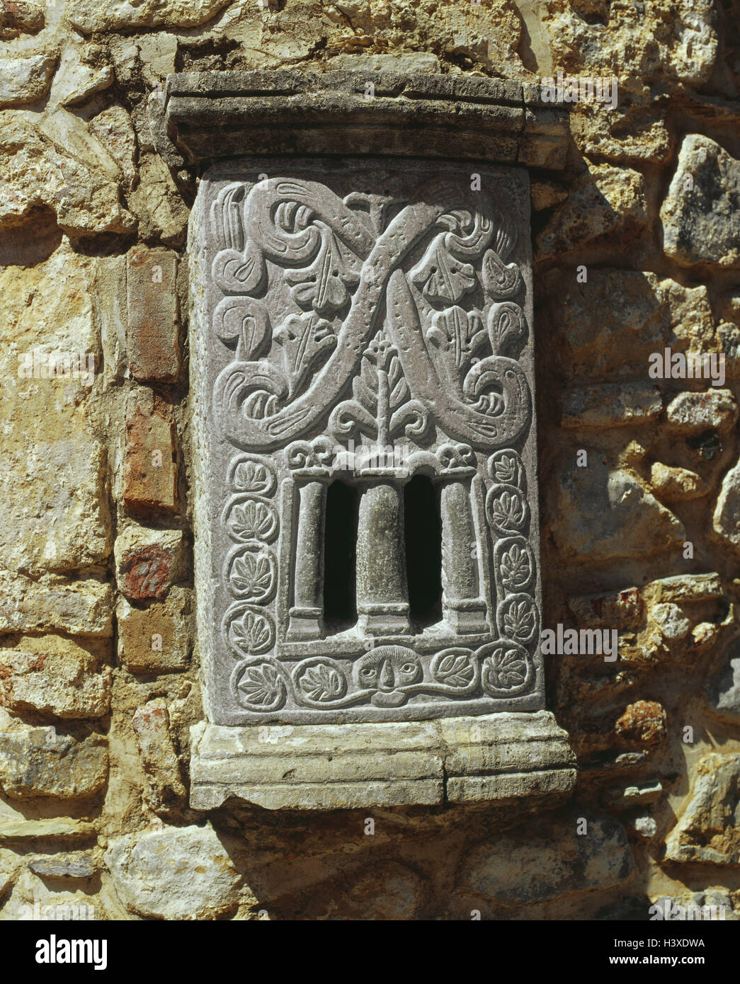Greece, Crete, Kolimbari, cloister of Moni Gonia, facade, detail, relief island, the Mediterranean Sea, building, structure, place of interest, stone notice board, grace note, sample, stone, stone relief, window, slot Stock Photo