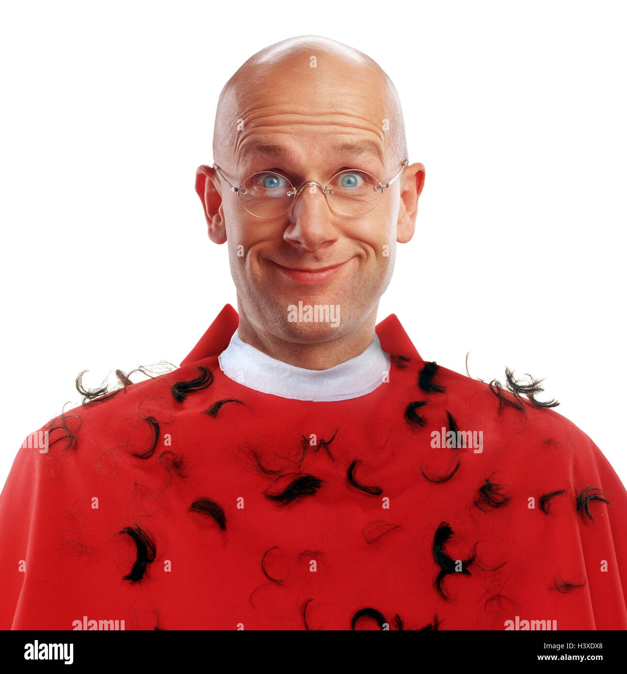 Man, hairdresser's visit, bald head, cape, strands hair, facial play, portrait, Men, hairdresser, hairdresser's cape, red, hair cutting edges, hairs, cut, haircut, head, bald, shaves, scalp, smile, there, smile, studio, cut outs, Stock Photo