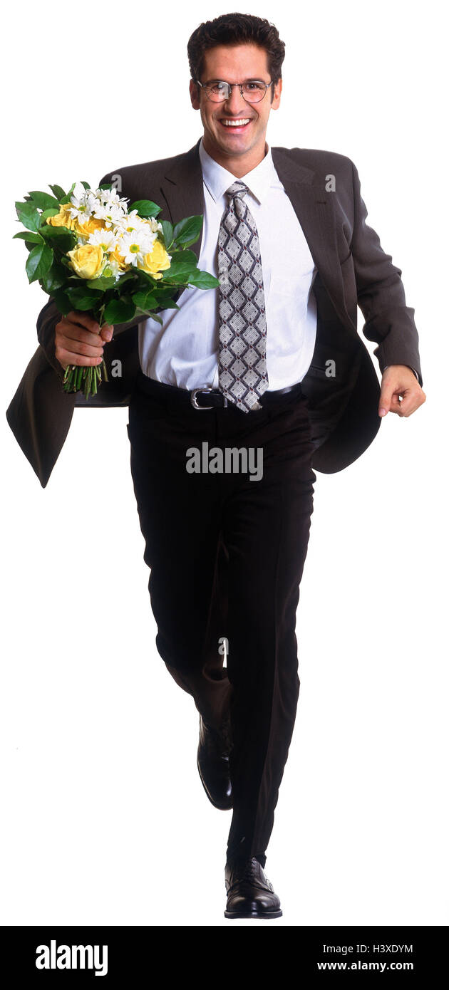 Man, suit, bouquet, happy, motion, run Men, man, flowers, present, surprise, laugh, joy, enthusiasm, haste, date, engagement, studio, cut out, Stock Photo