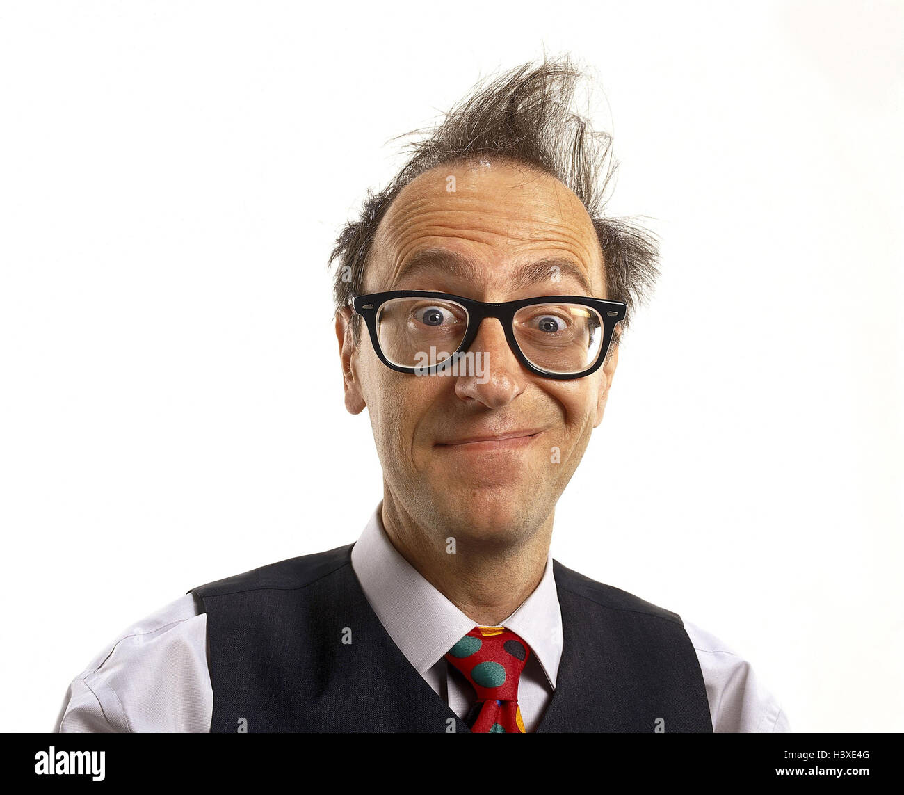 Man, middle old person, hairs, ruffles, chaotically, glasses, shirt,  waistcoat, tie, facial play, portrait, Men, studio, cut out, hairstyle,  disorderly, neglectedly, grimace, grin, astonished, is surprised,  surprised, confused, blocked Stock Photo -