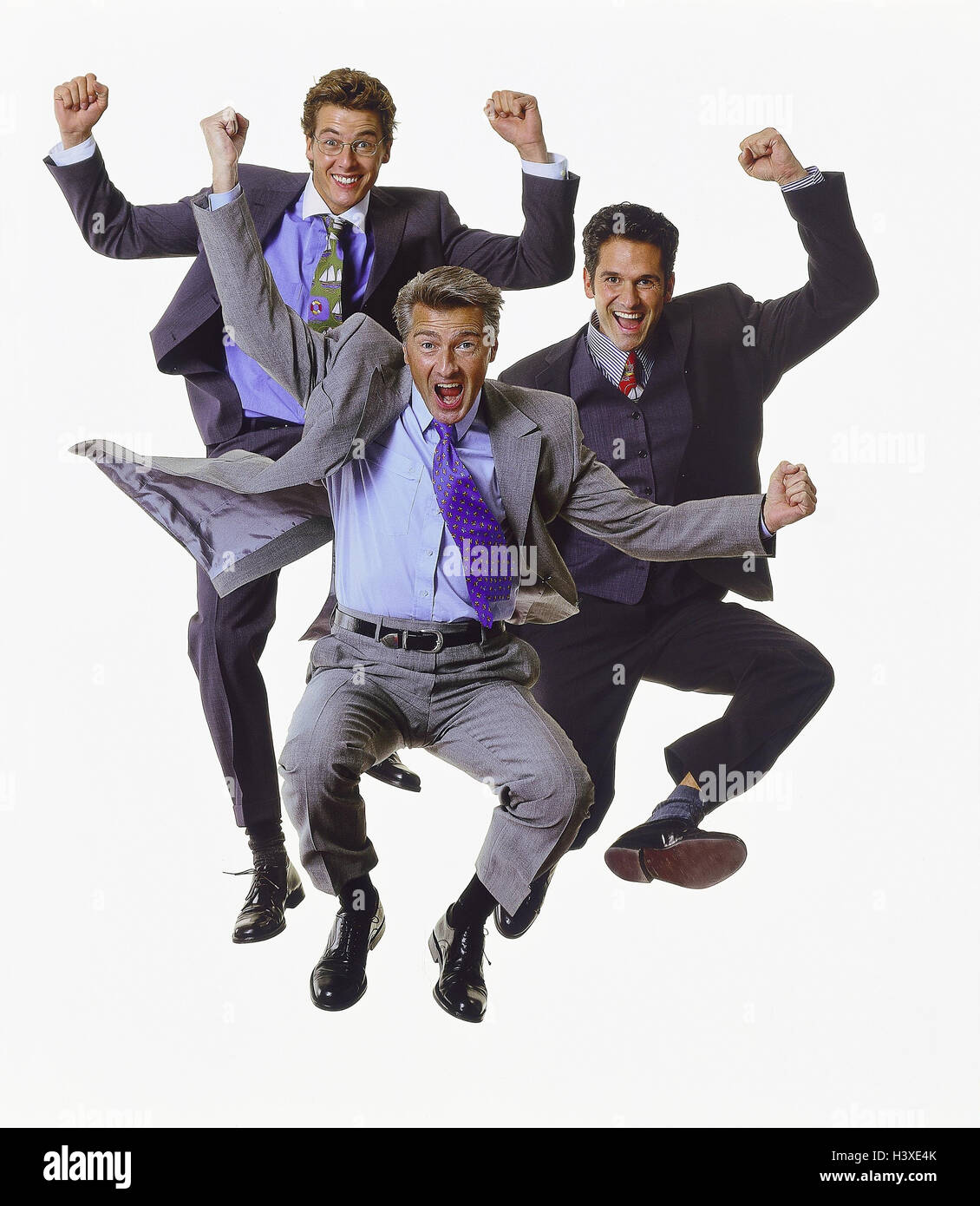 Men, suits, caper, gesture, cheering, joy Men, business people, Manager, three, crack, jump, rejoice melted, happy, cheerfully, glad, enthusiasm, studio, cut out, Stock Photo