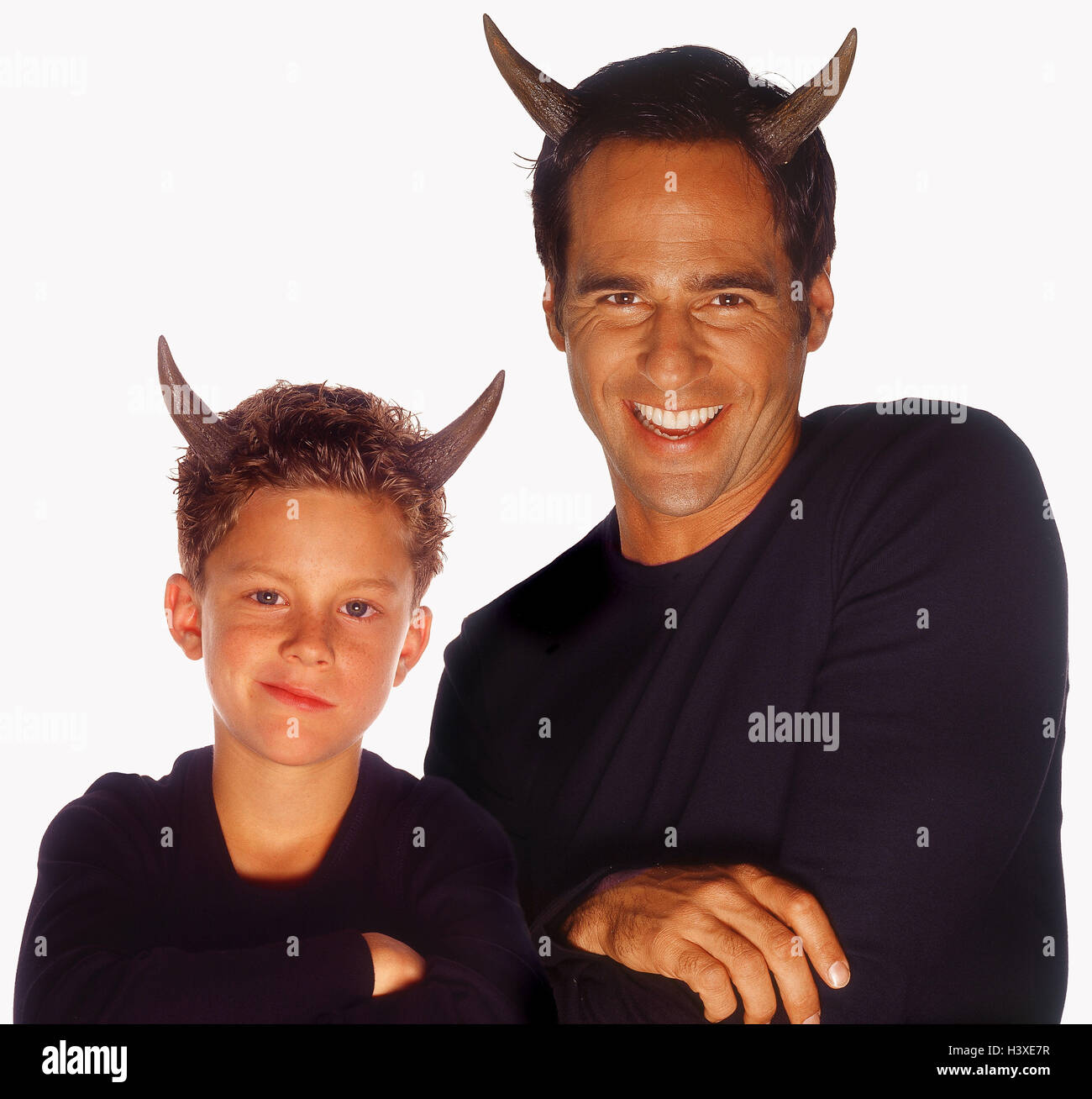 Man, boy, lining, devil, smile, portrait, concepts, father, son, child, costume, Satan, horns, unbelief, sin, diabolically, nastily, well, contrast, cut out, studio, Stock Photo