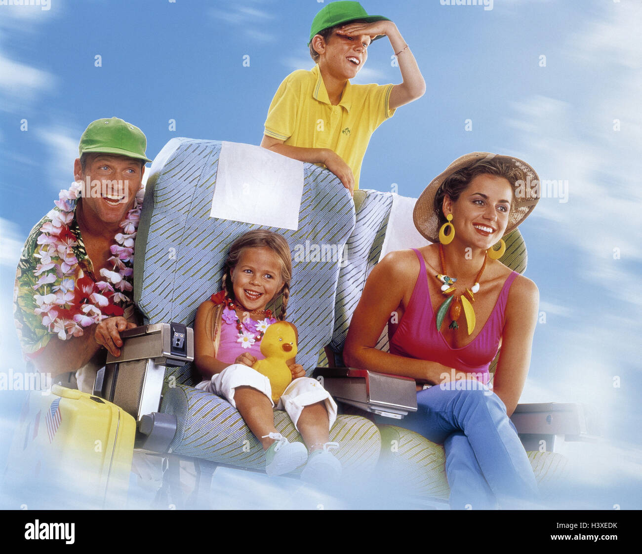 Family, icon, vacation, journey by air Holiday, summer, holiday trip, airplane, seats, parents, children, child, son, girl, subsidiary, boy, siblings, fly, foreign travel, long-term objective, air traffic, transport, promotion, holidays, travel, summer clothes, flower catena, joy, wish, dream, studio, Stock Photo