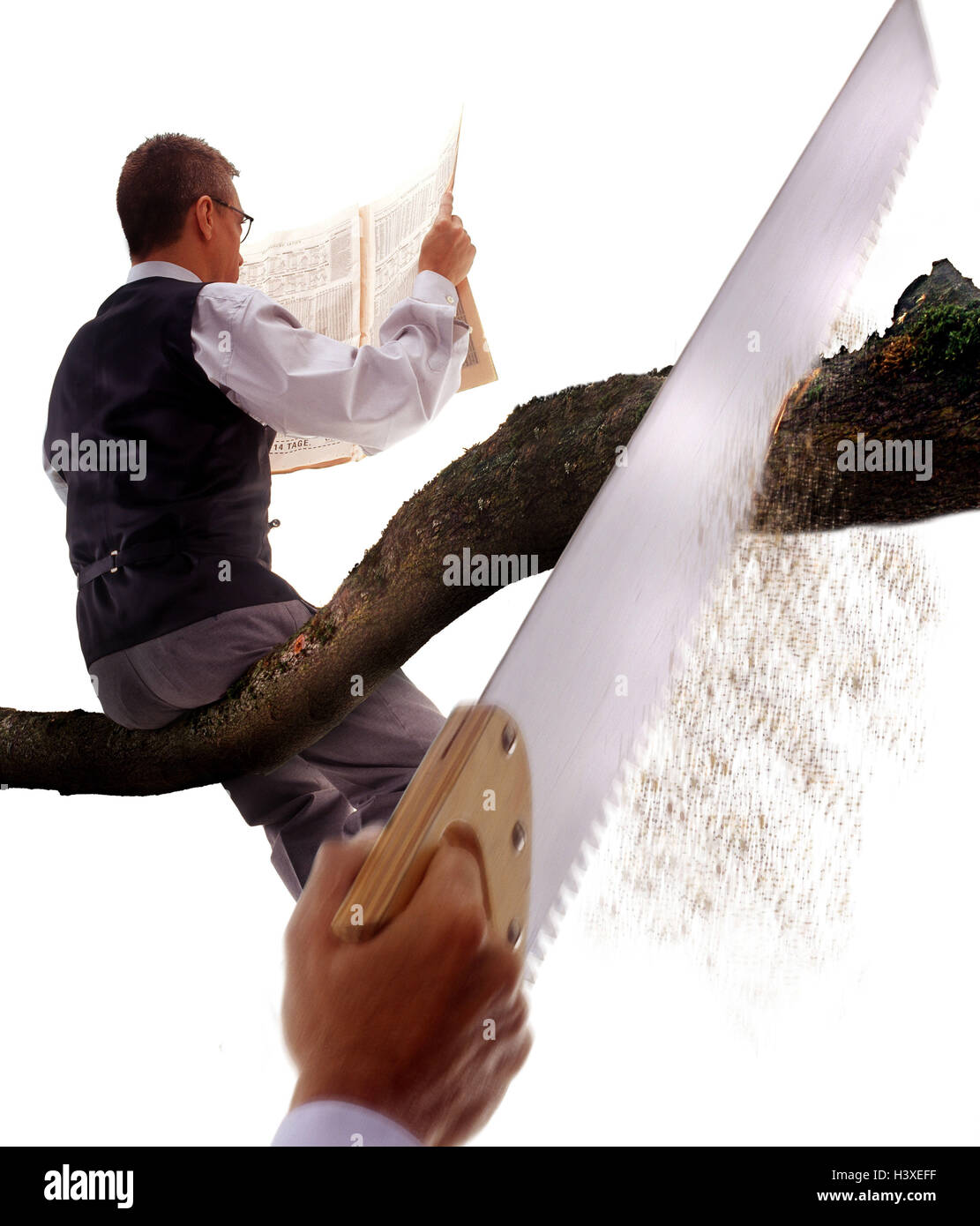 Hand, saw, branch, 'saw off', man, sit, read concepts, competition, loser, contention, relegation, notice, dismissal, harassment, saw, business, unfair, competitors, conflict, studio, cut out Stock Photo