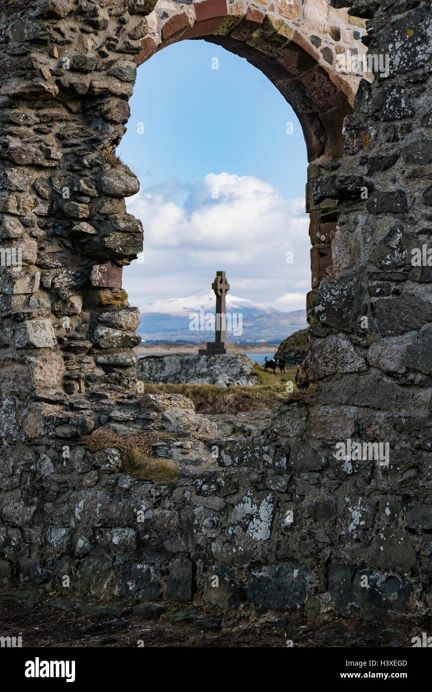 Celtic cross through the ruins of St Dwynwen's Church Llanddwyn Stock Photo