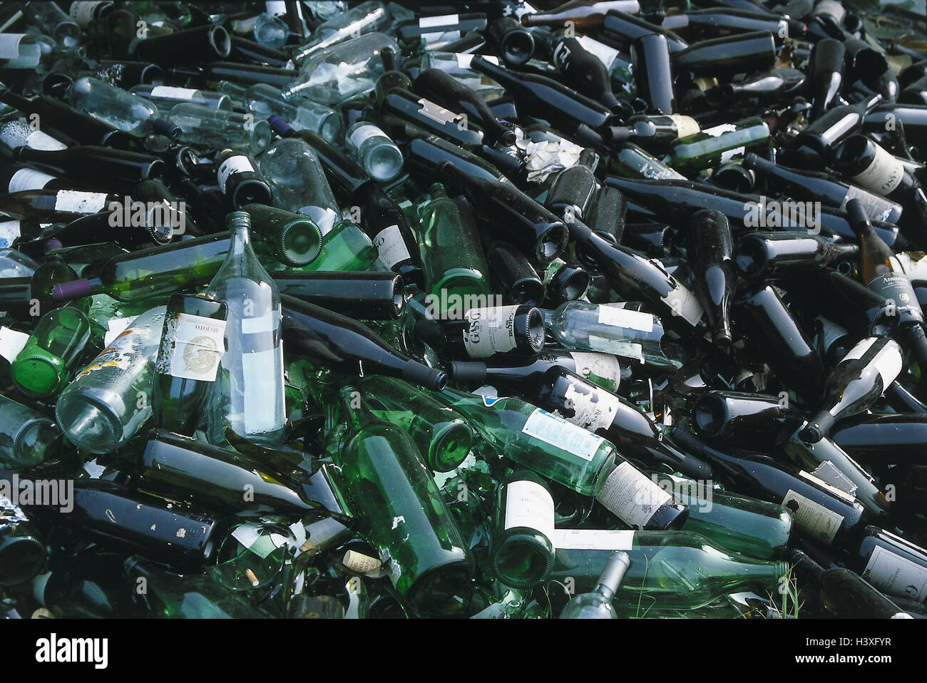 Recycling, Old glass environment protection, recycling, re-use, raw material, separation, garbage separation, waste, garbage, Bottles, glass, heap, piled up, collective place, close up Stock Photo