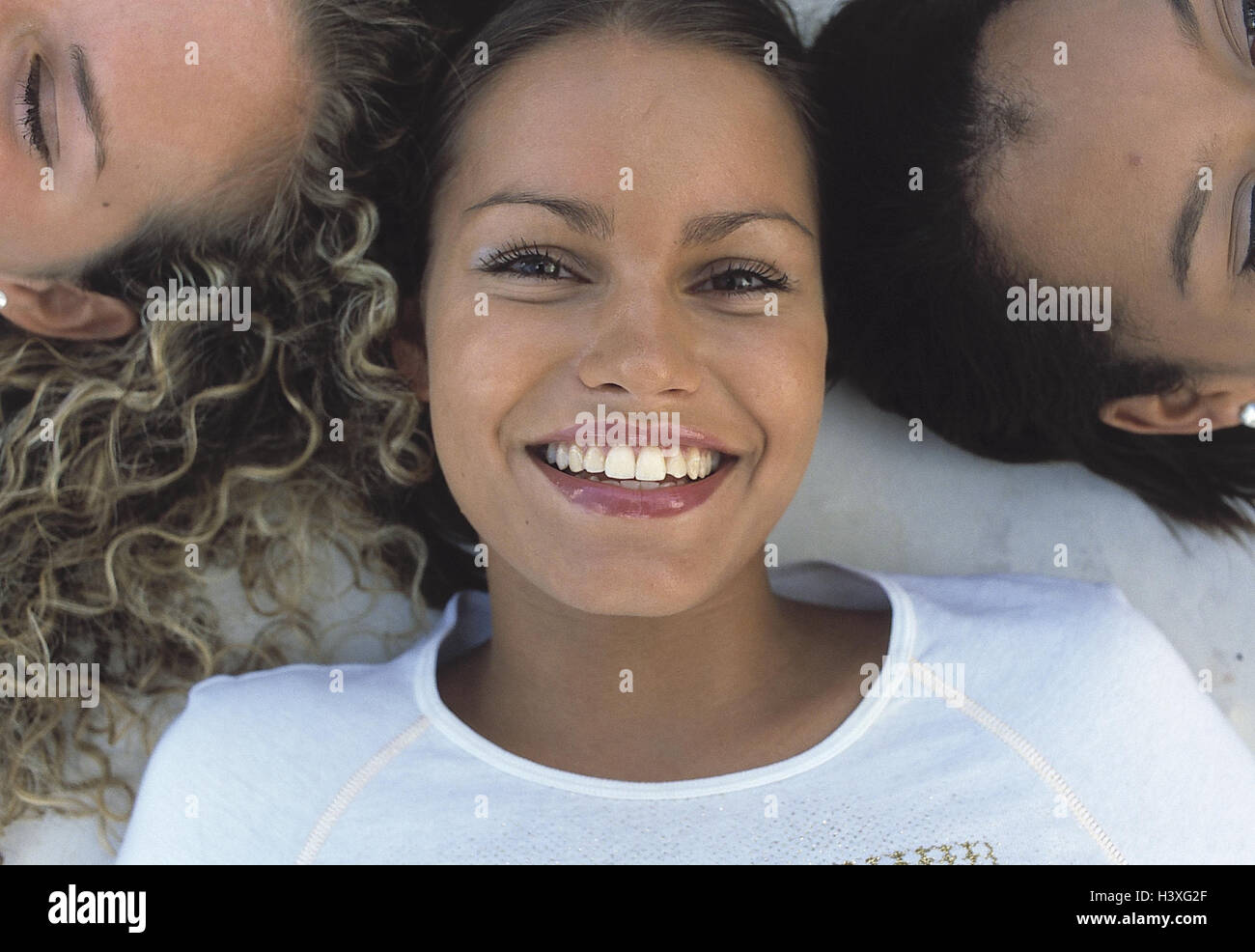 Teenagers, girls, happy, lie, portrait, friends, lie, three, heads ...