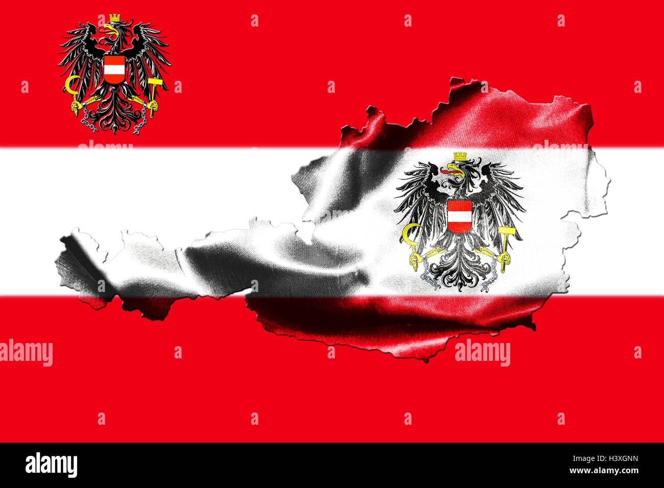 Map of Austria with national flag isolated on Austrian Flag  background With Coat Of Arms Eagle Emblem Stock Photo