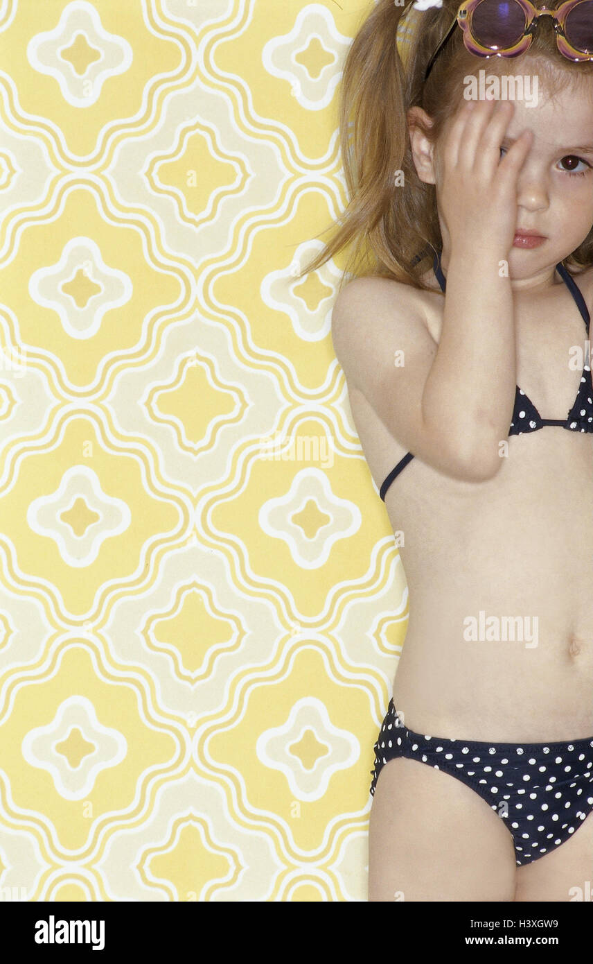 Girl Bikini Glasses Sad Embarrassed At Home Child Toddler Stock Photo Alamy