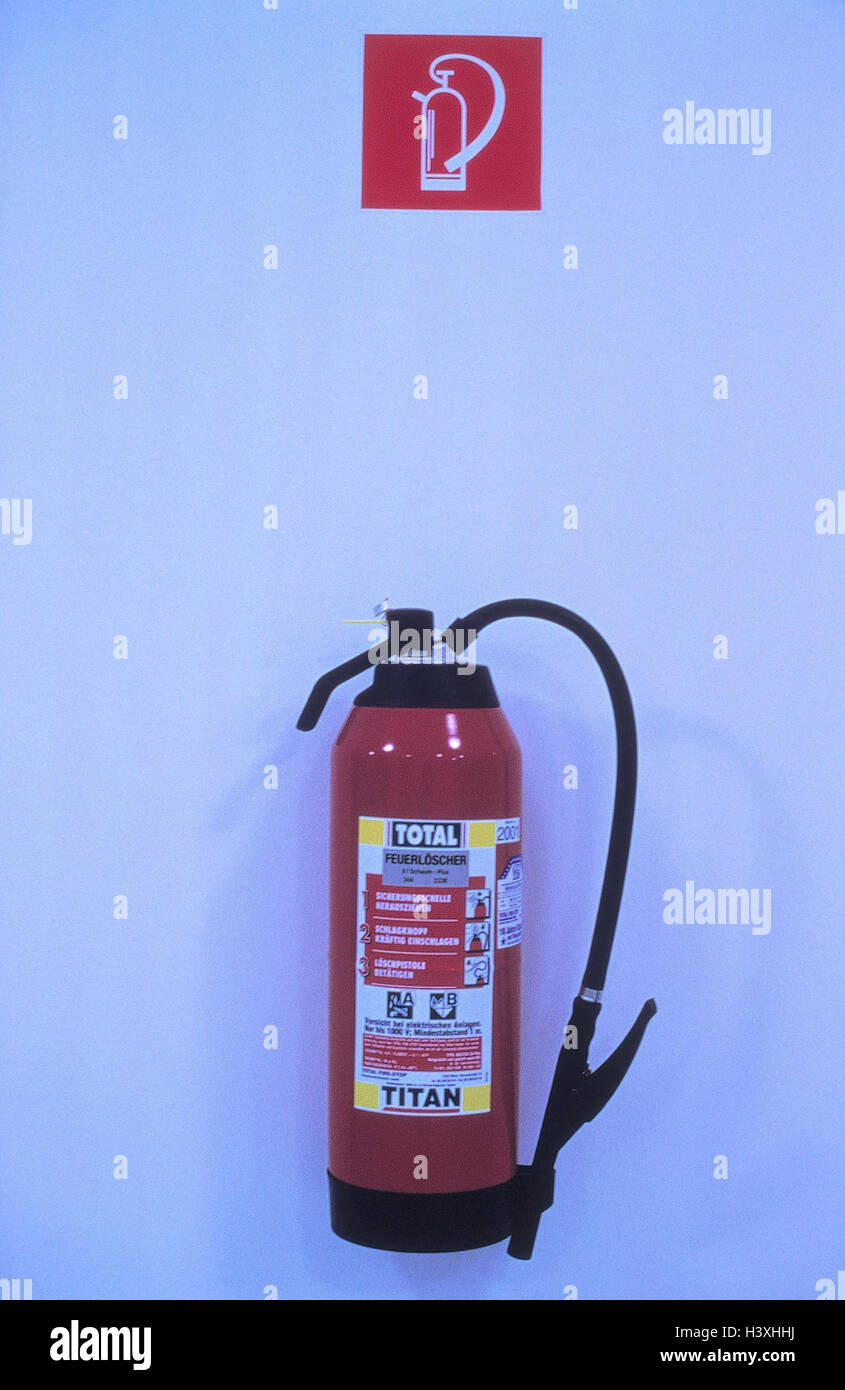 Wall, fire extinguisher, Still life, product photography, fire extinguisher, firefighting, extinguishing agent, tip, portable extinguisher, wall bracket Stock Photo