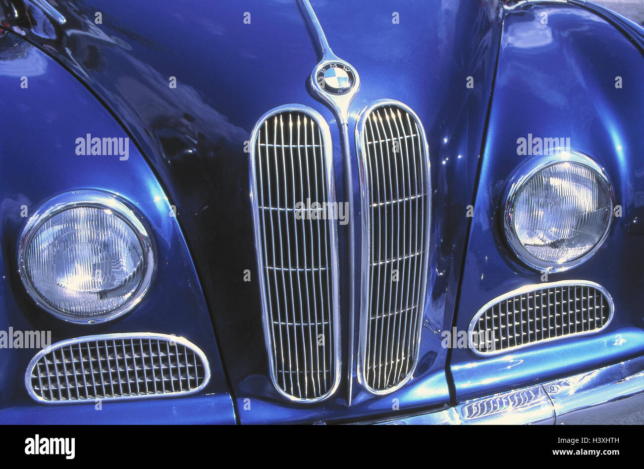 Car, old-timer, BMW 502, year manufacture in 1955, front view, detail, car, passenger car, blue, autotypes, radiator grille, headlight, nostalgically, nostalgia, Stock Photo