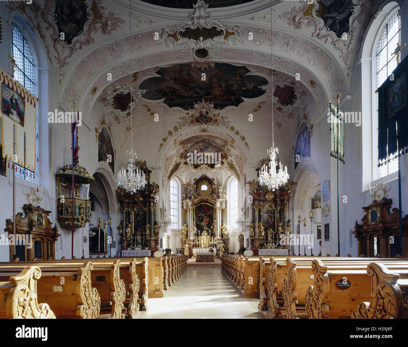 Germany, Upper Bavaria, Mittenwald, church St. Peter and Paul, interior view Bavaria, Werdenfels, violin making place, parish church, central nave, saddles, chancel, architecture, architectural style, baroque, baroque church, art, culture, place of intere Stock Photo