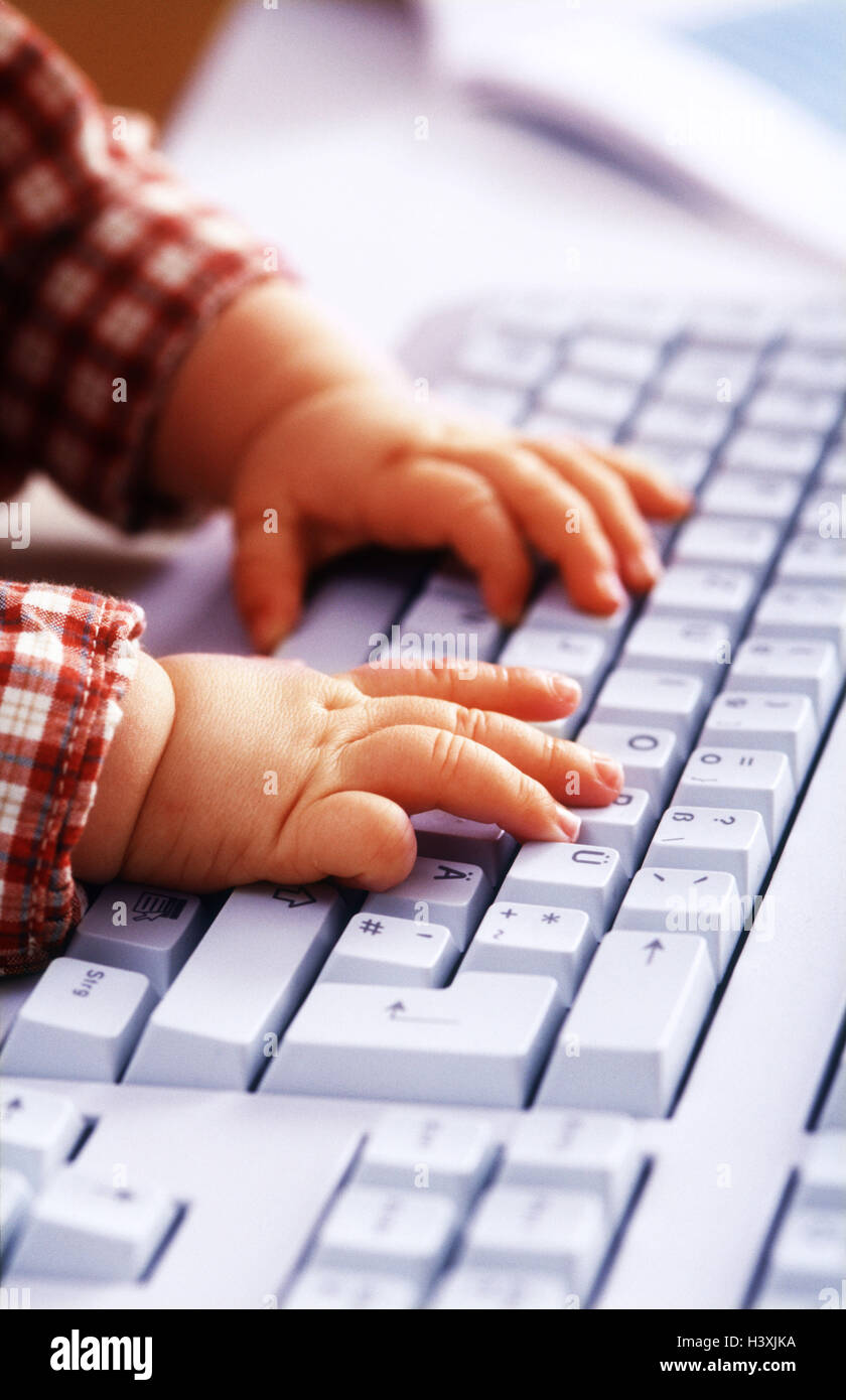 Computer keyboard, detail, child hands, baby, child, hands, 5 months