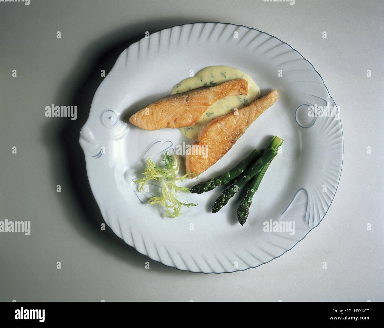 Fish dish, salmon fillets, roasted, green asparagus, food, dish, fish fillets, fish fillet, tranche, food, eat, studio, product photography, Still life Stock Photo