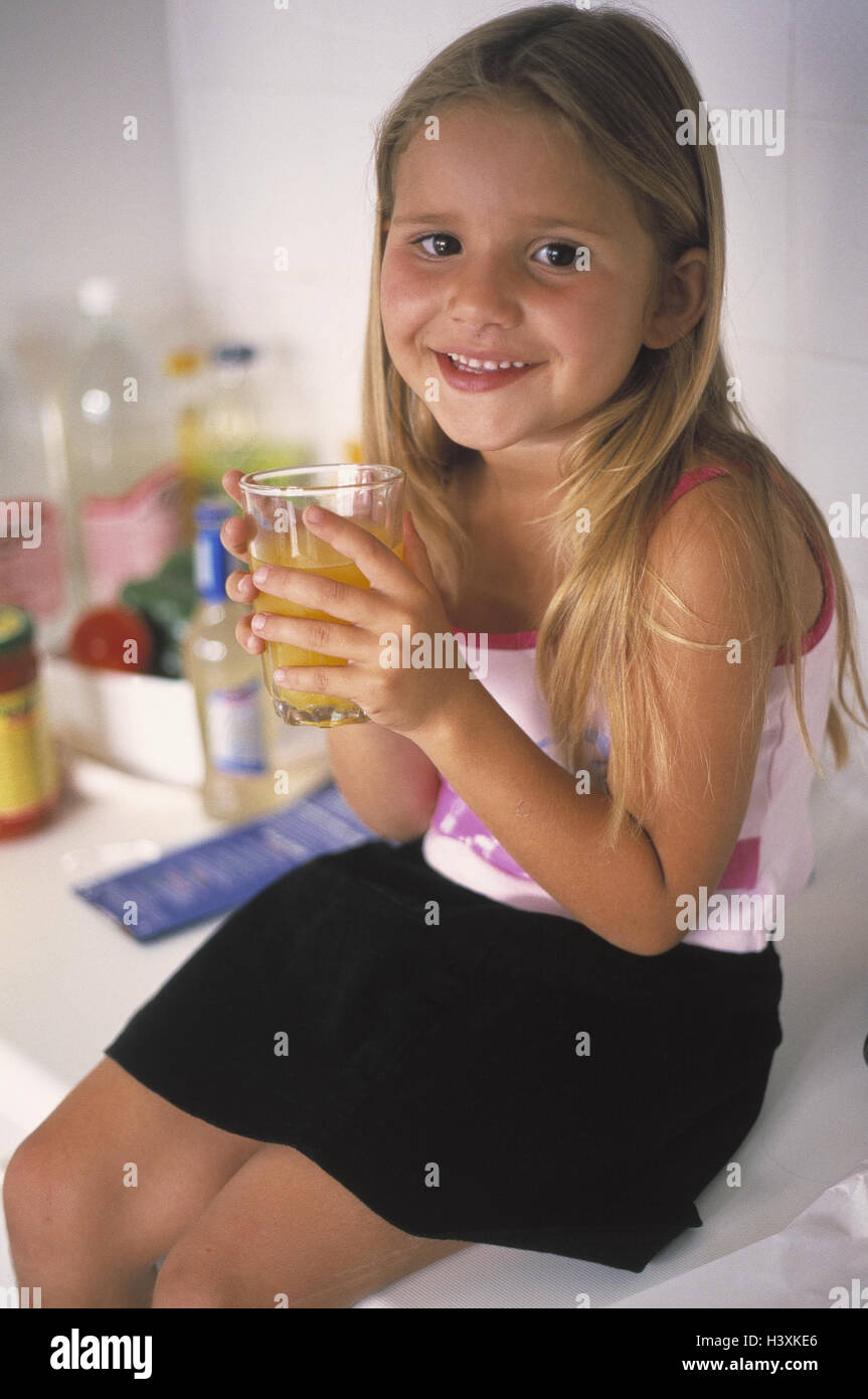Child, girl, fruit juice, drink inside, drink, glass, orange juice