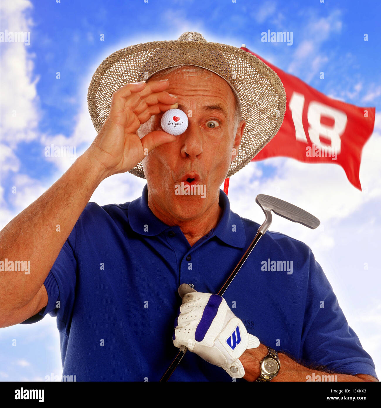 Golfers, care, glove, golf club, gesture, ball, eye, hold sport, man