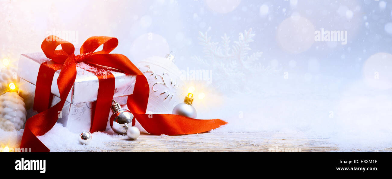 Christmas card background; gift box and Christmas decoration Stock Photo