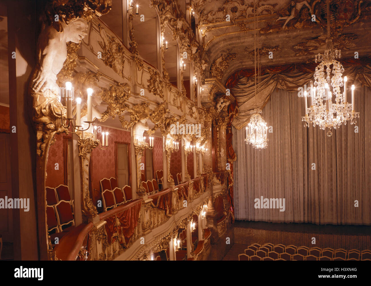 Germany, Upper Bavaria, Munich, Cuvillies theatre, in 1750-53, inside, Europe, South Germany, Bavaria, state capital, building, theatre, theatrical building, old residence theatre, inside, film set, box, seats, spectator's box, spectator's ranks, theatric Stock Photo