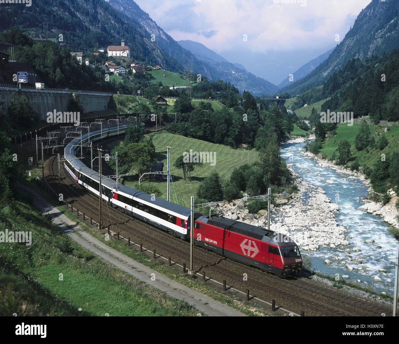 Switzerland, Uri, God's hard pass, Wassen, local view, section, travel train, Europe, rail transport, train, trajectory, means transportation, publicly, transport, promotion, tourism, traffic facilities, railway, railroad connection, outside Stock Photo