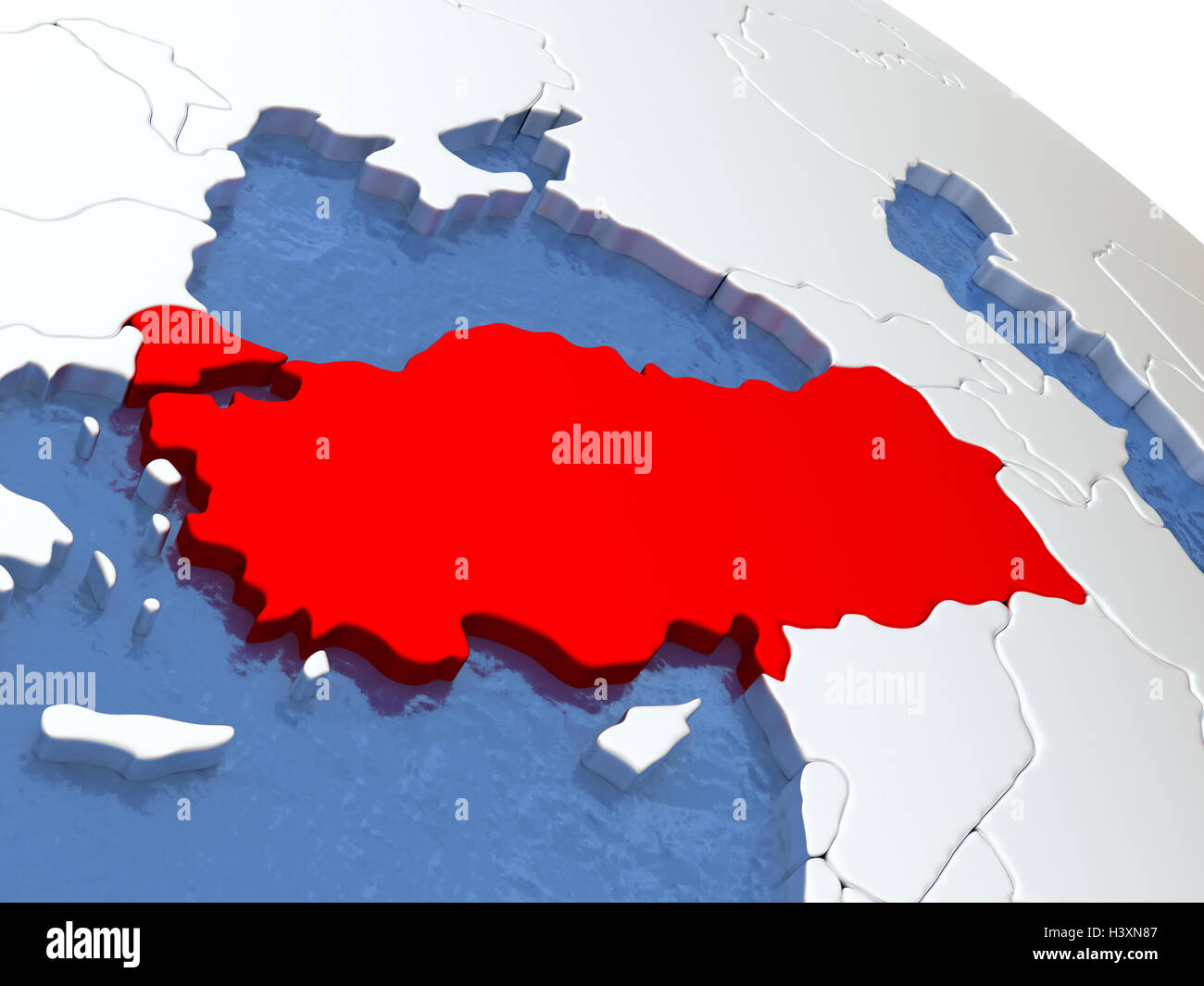 Map of Turkey on globe with metallic land and realistic water. 3D illustration Stock Photo