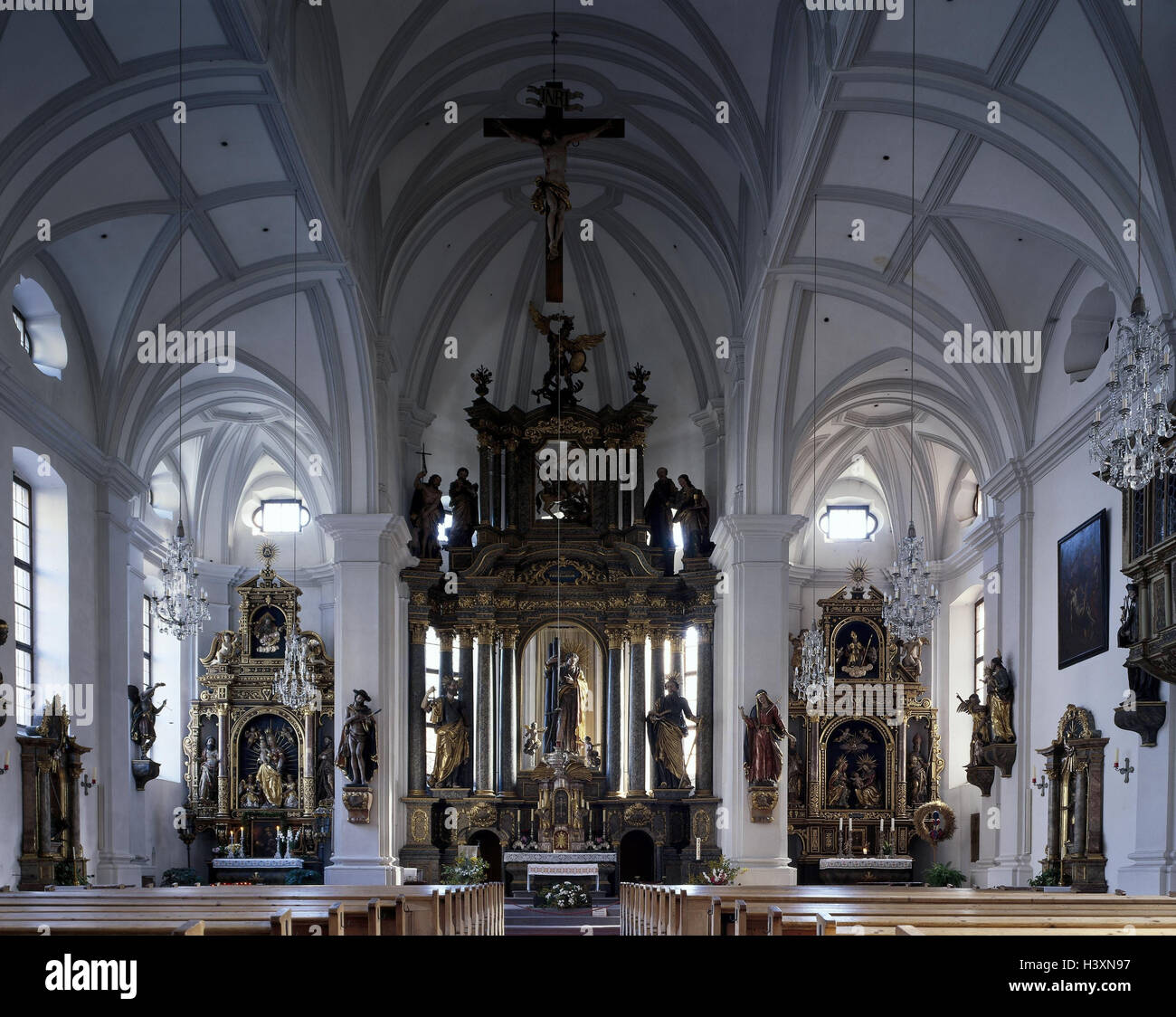 Germany, Bavaria, Berchtesgadener country, Berchtesgaden, church St.  Andreas, altar inside, interior shot, church, parish church, builds in  1397, rebuilding in 1700, church, faith, religion, Christianity, structure,  architecture, architectural style ...