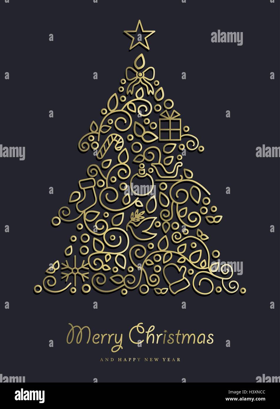 Merry Christmas Happy New Year 2017 greeting card background. Linear xmas pine tree with monogram decoration Stock Vector