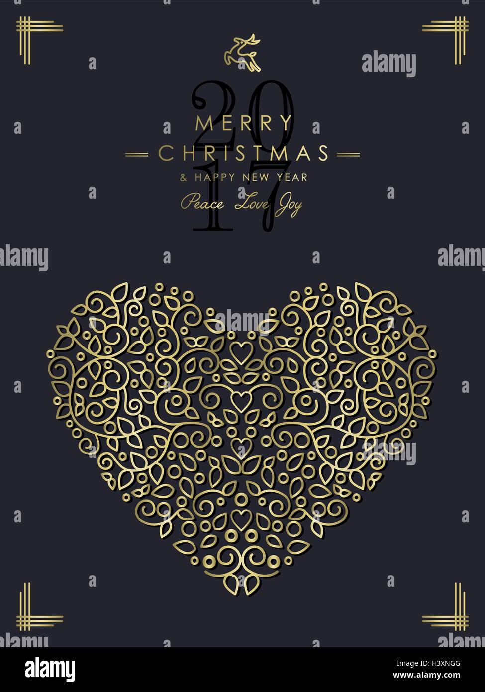 Merry Christmas Happy New Year 2017 greeting card background. Linear love heart shape with monogram decoration Stock Vector