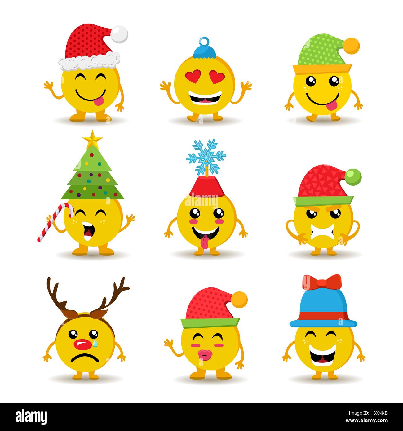 Set of holiday smiley faces, christmas emoji icons with cute seasonal decoration and different reactions. EPS10 vector. Stock Vector