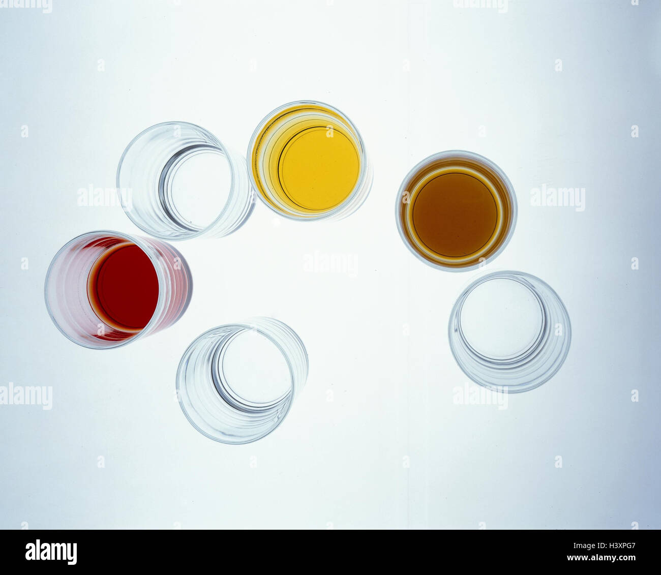 Glasses, blank, filled, liquids, colours, differently, dishes, glasses