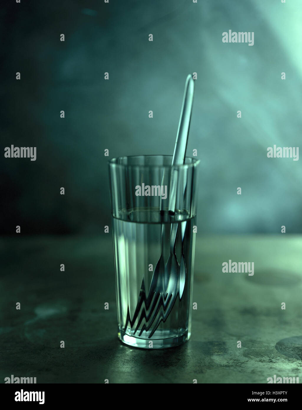 Tumbler, fork,   Glass, water, silverware, Essbesteck, dishes, household,, eats, drinks, fact reception, quietly life Stock Photo