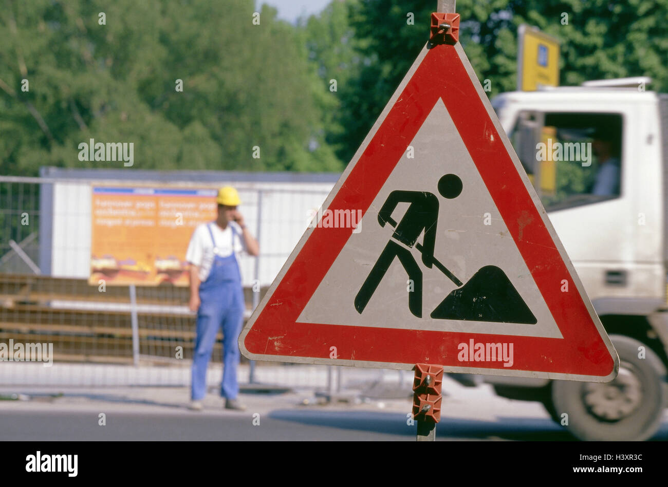 Germany, road sign, construction works, men at work town, construction