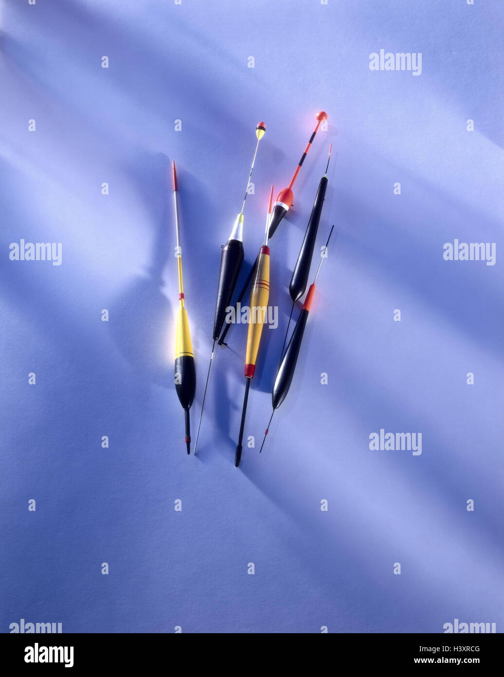 Angling, float, different, leisure time, sport, sports angling, hobby, activity, amusement, bite indicator, bite indicator, colours, forms, passed away, product photography, Still life, studio Stock Photo