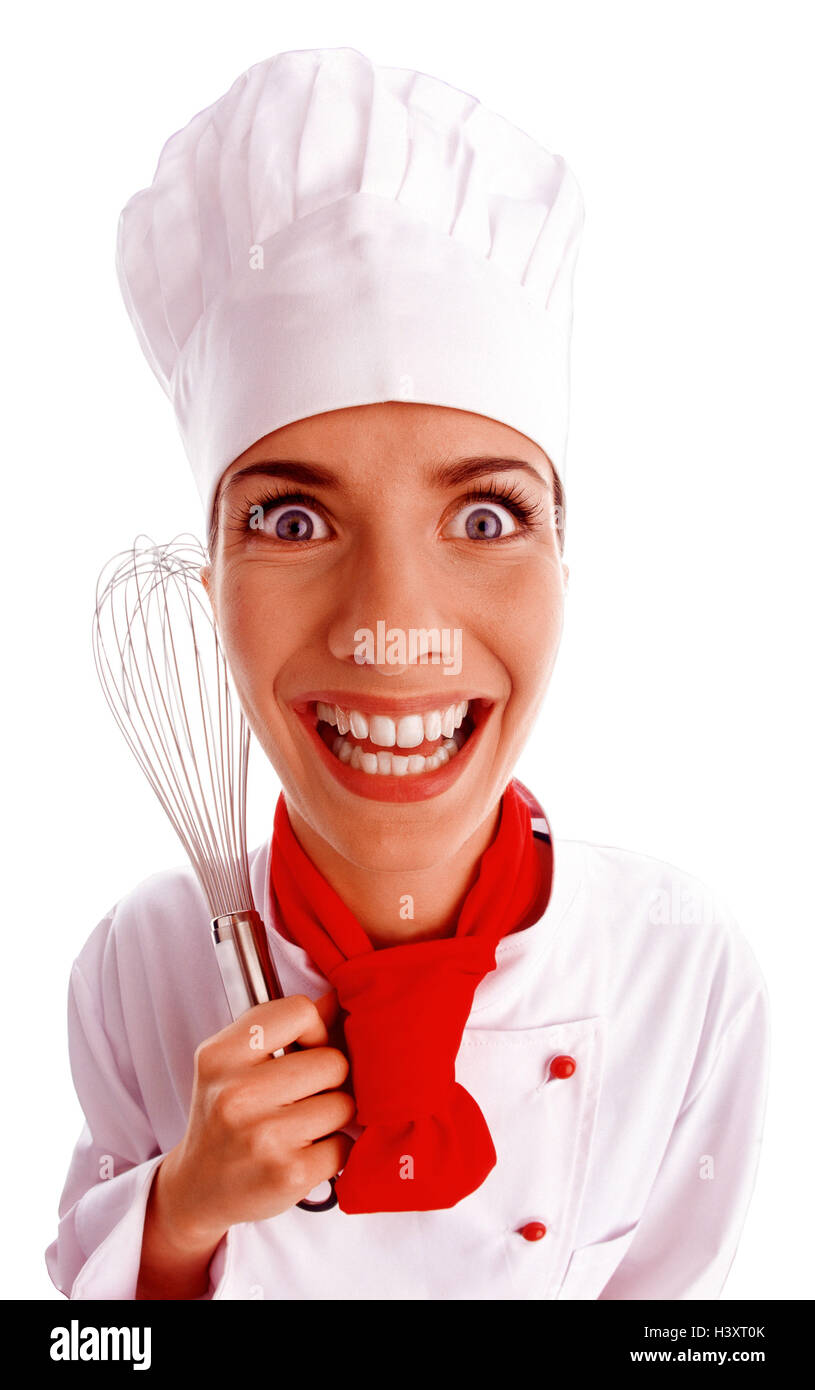 Cook, facial play, whisk, half portrait, professions, Koch, occupation, woman, studio, cut out