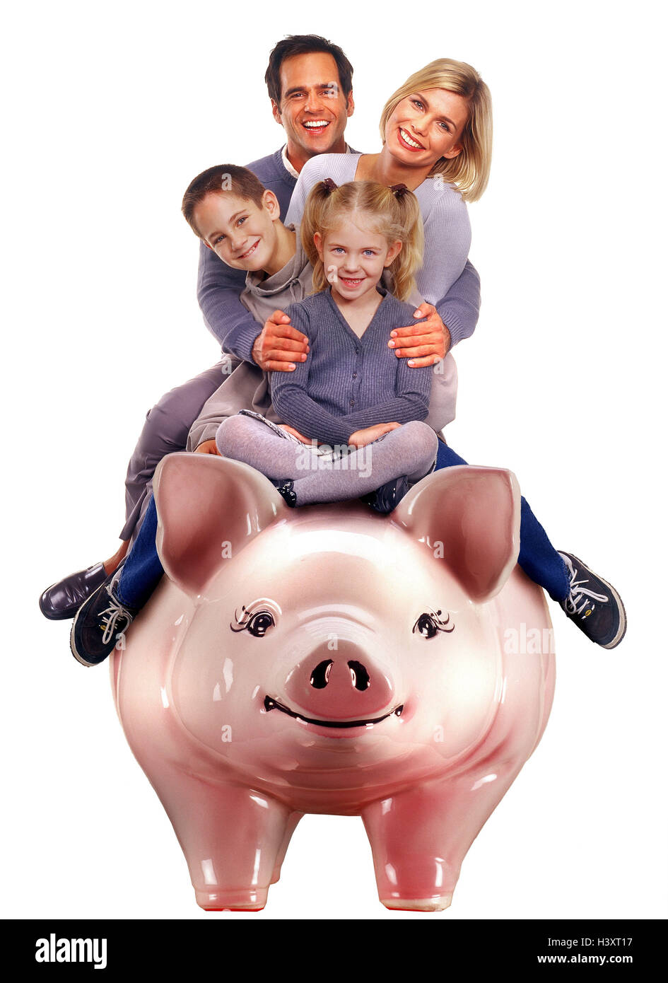 Family, piggy bank, oversized, sit, laugh Families, man, woman, parents, children, two, boy, girl, son, subsidiary, porcelain pig, 'ride', fun, leisure time, game, play, save, money, finances, plant, future, studio, cut out, Stock Photo