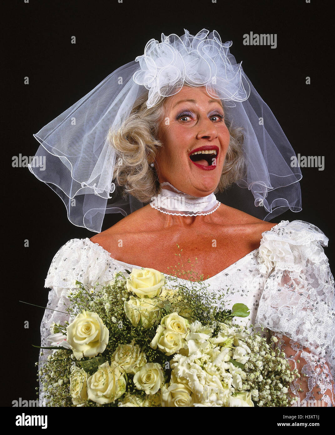 Bride, senior, wedding dress, veil, bridal bouquet, facial play