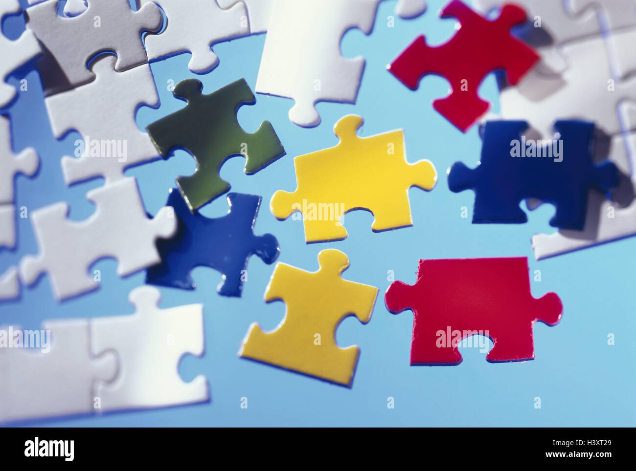 Jigsaw puzzle, white, brightly, parts, detail, blur jigsaw puzzle cuts, gaps close Stock Photo