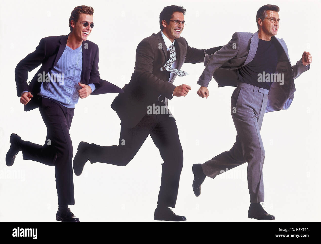 Men, three, suits, run, gesture, haste Men, man, joy, enthusiasm, haste, date, engagement, motion, Having, side view, studio, cut out, Stock Photo