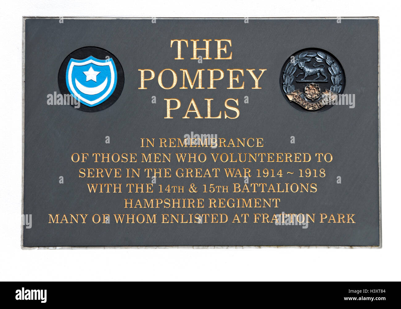 Plaque in remembrance of the Pompey's Pals on display at Fratton Park, Portsmouth Football Club, Portsmouth, Hampshire, UK. Stock Photo