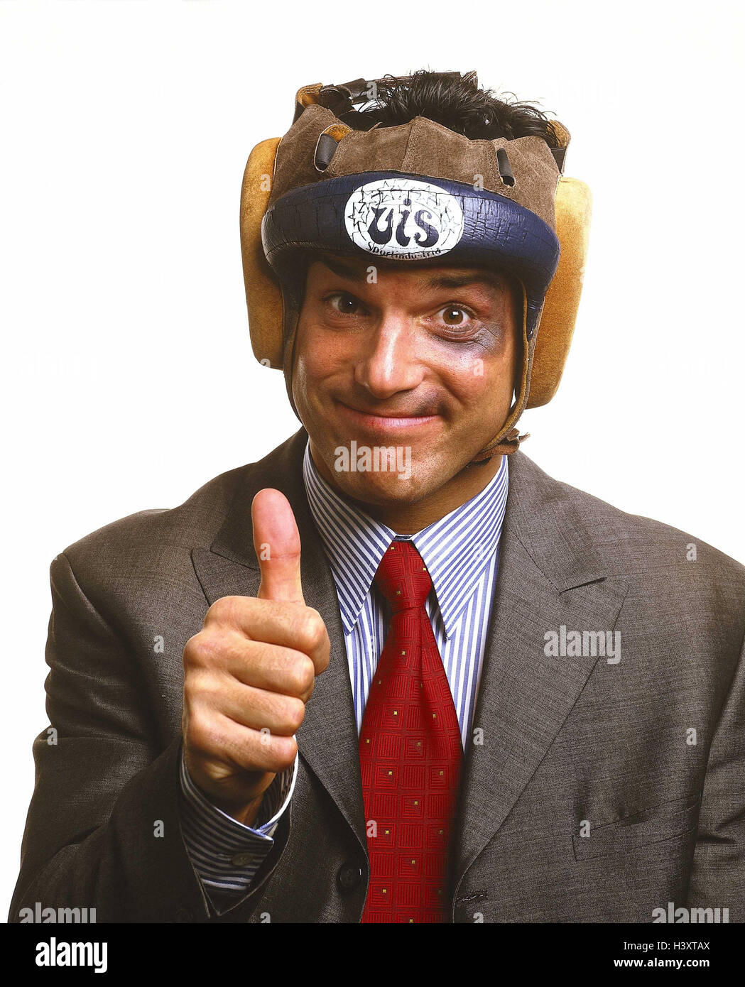 Manager, young, helmet, injury, eye, blue, gesture, pollex high, o.k., smile, fight portrait speakers, man, businessman, suit, tie, violet, 'blue eye', victory, event, sportily, contention, competition, hit, gesture, in order, okay, Stock Photo