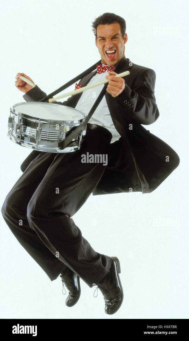 Manager, drum, gesture, melted studio, man, businessman, play, music, musician, musical instrument, suit, drum, percussion instrument, melted, enthusiasm Stock Photo